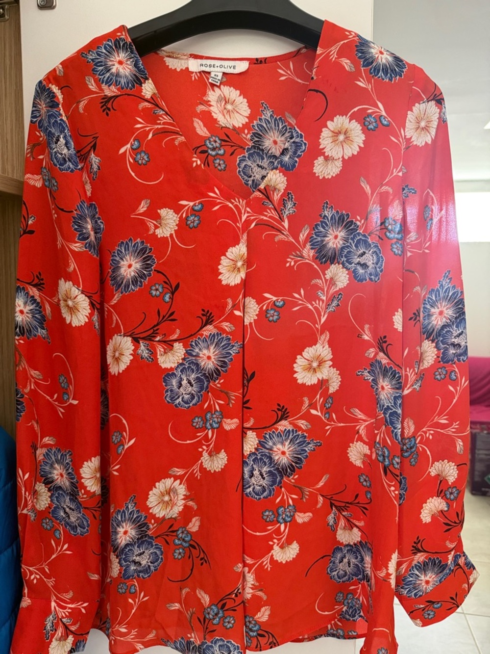 Rose & Olive Red Floral V-Neck Blouse with Blue & Cream Flowers